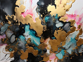 Black color alcohol ink painting, color-gel, splashing art, abstract, pastel tones with golden cracks