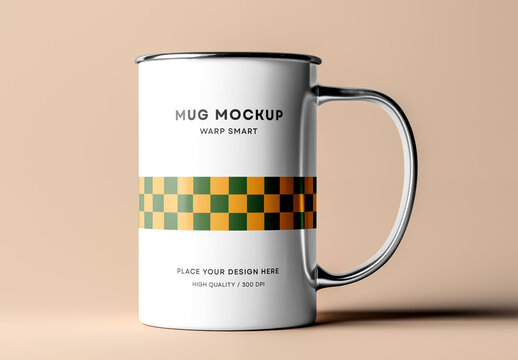 Enamel Metal Mug Mockup &ndash; White Minimal Coffee Cup with Checkered Pattern for Branding and Packaging Presentation