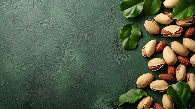 Top view of several variety of nuts in a clean green backdrop like a frame with copy space, Generative AI.
