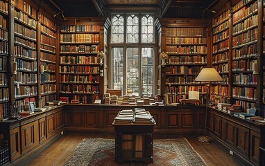 A cozy library scene with a window view of the city Generative AI