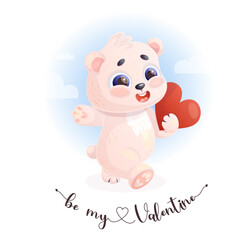 Cute polar white bear with heart. Holiday Valentine card. Funny little animal character in love. Vector illustration in cartoon style.