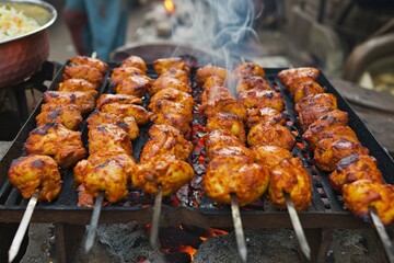 Spicy chicken seek kababs are being grilled with heat in barbeque with metal skewers, at evening...