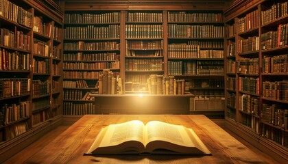 Fototapeta premium A Glowing Book in a Library: A Celebration of Reading and Learning Generative AI