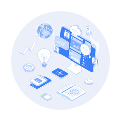 Social Innovation, Idea, Strategy, Technology, Innovative Approaches. Vector outline illustration with isometry scene for web graphic