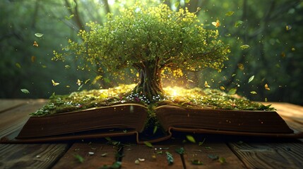 A Book-Shaped Tree with Yellow Leaves and Butterflies Generative AI