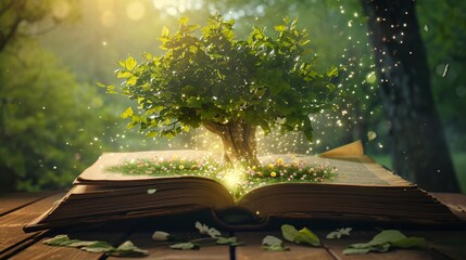A Book of Life: A Tree Growing Out of the Pages Generative AI - obrazy, fototapety, plakaty