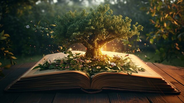 A Book of Life: A Tree Growing Out of It Generative AI