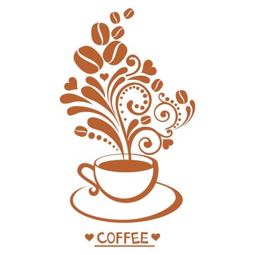 Cup of coffee with floral design elements isolated on white background.  Illustration