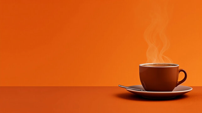 A coffee in the picture against a orange background. 