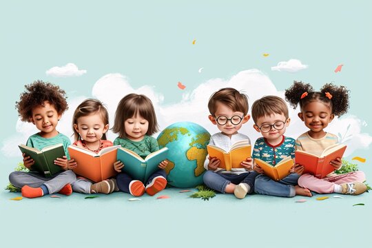 Reading for the Win: A Group of Children Reading Books Together Generative AI