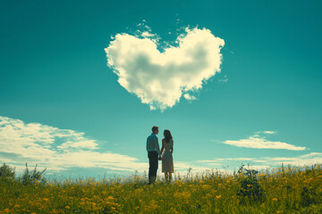 Asian couple enjoying the beautiful love shape clouds under blue sky