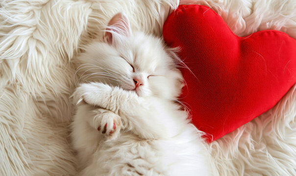 white persian  kitten snuggling with red heart pillow , valentine's day  concept 