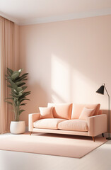 Modern living room interior with sofa, lamp and plants in light peach colour, pantone