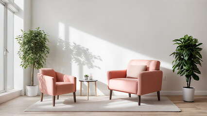 Modern living room interior with, armchairs, table and plants in light peach colour, pantone