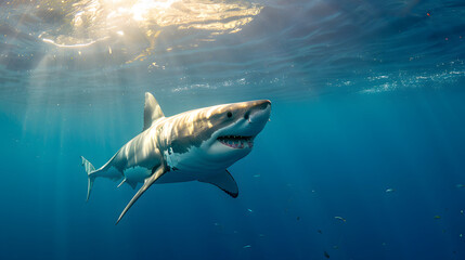Fototapeta premium Great white shark portrait, great white shark swimming in the ocean