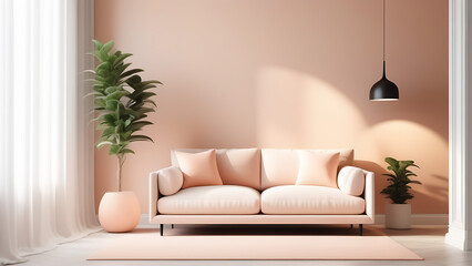 Modern living room interior with sofa, lamp and plants in light peach colour, pantone