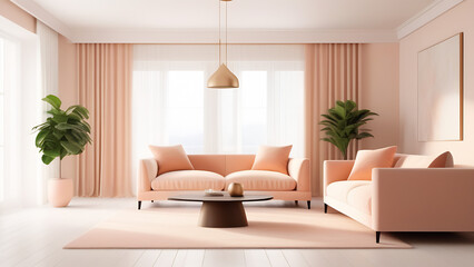 Fototapeta premium Modern living room interior with sofa, lamp, curtains and plants in light peach colour, pantone