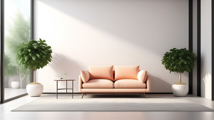 Modern living room interior sofa,and plants in light peach colour, pantone - obrazy, fototapety, plakaty
