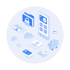 Digital Banking Online Services. Mobile banking and accounting platform. Online financial operations, payment, shopping. Vector outline illustration with isometry scene for web graphic