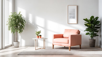 Modern living room interior with armchair ,table, picture and plants in light peach colour, pantone