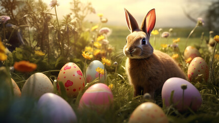 Fototapeta na wymiar A easter bunny sits in the sunlight or beams in a meadow of a easter wallpaper with easter eggs 