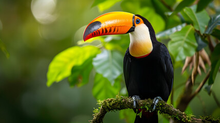 Naklejka premium toucan in the jungle on a branch, toucan portrait picture 