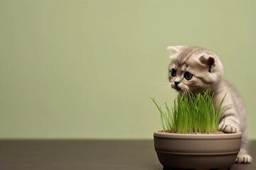 Small cute kitten and a pot of fresh grass with copy space. Cat eating grass, natural hairball treatment.
