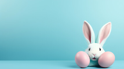 One pastel colored easter eggs and bunny ears on a isolated blue background 