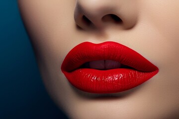 Women's lips with bright red lipstick, close up. Makeup details.