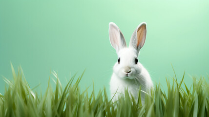 Obraz premium White easter bunny ears on a green and minimalist background 
