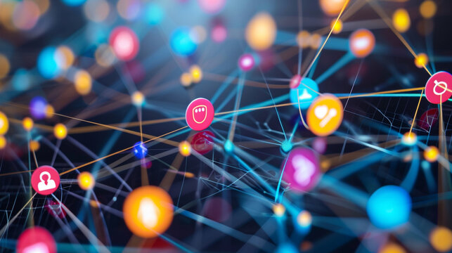 A vibrant depiction of a social media network with icons and avatars, network, dynamic and dramatic compositions, with copy space