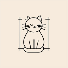Adorable Cute Cat Sitting Pose Vector Line Drawing Illustration