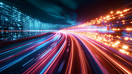 Fototapeta premium An artistic interpretation of a digital communication network with light trails, network, dynamic and dramatic compositions, with copy space