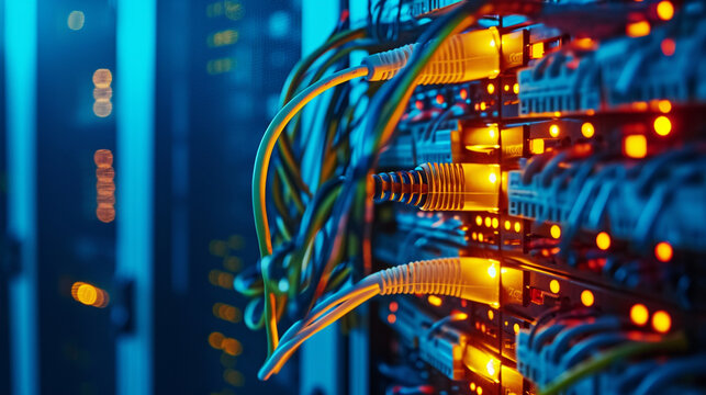 A backdrop of a server room with network cables and lights, network, dynamic and dramatic compositions, with copy space