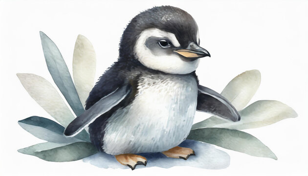 A flat illustration with a baby penguin on a white background. The concept of wildlife, watercolor