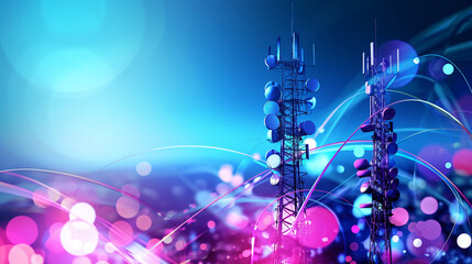 An artistic depiction of a cellular network with signal towers and waves, network, dynamic and dramatic compositions, with copy space