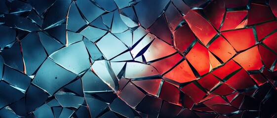 Broken glass with red and blue backlight - obrazy, fototapety, plakaty
