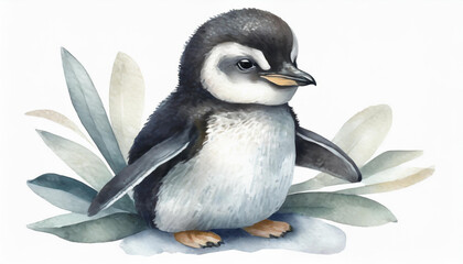 A flat illustration with a baby penguin on a white background. The concept of wildlife, watercolor
