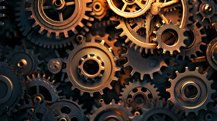An image of interconnected gears, symbolizing a network of mechanical systems, network, dynamic and dramatic compositions, with copy space