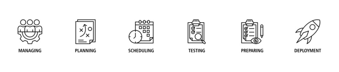 Release management banner web icon set vector illustration concept with icon of managing, planning, scheduling, building, testing, preparing and deployment