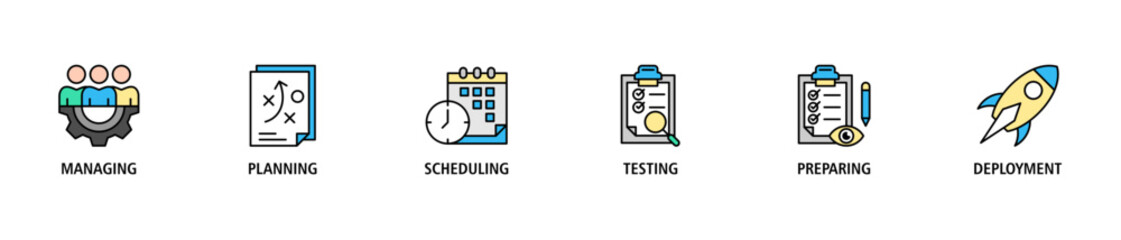Release management banner web icon set vector illustration concept with icon of managing, planning, scheduling, building, testing, preparing and deployment