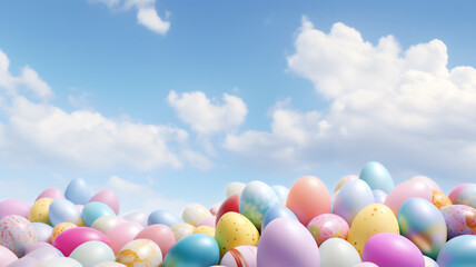  A bunch of pastel colored easter eggs on a blue sky with cloud background 