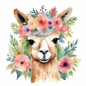 Watercolor Alpaca with Beautiful Flowers 