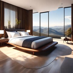 a contemporary American bedroom, with a plush upholstered bed, minimalist decor, and a panoramic view of the surrounding landscape