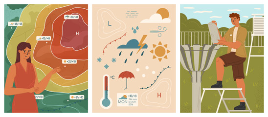 Weather forecaster and meteorologist at work scene - obrazy, fototapety, plakaty