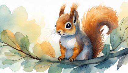 A flat illustration with a baby squirrel on a white background. The concept of wildlife, watercolor