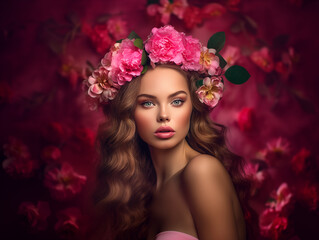 Gorgeous Beautiful young Girl, with wreath of roses on her head, Beauty Model on the floral background, Perfect Skin, beautiful blond hair, Fashion Art