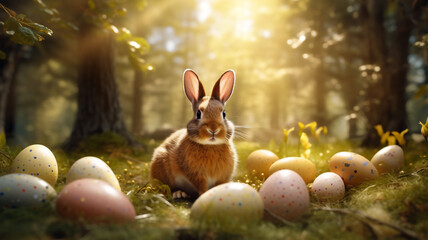 A easter bunny sits in the sunlight or beams on a patch of grass inside the forest, a distance shot of a easter wallpaper with easter eggs 