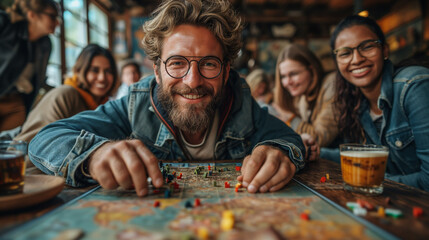 A group of friends playing board games at home. portrait of a young man wearing glasses while playing board games - obrazy, fototapety, plakaty