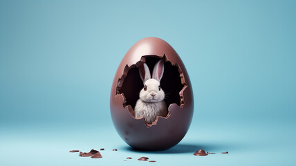 A half eaten chocolate easter egg with bunny inside on an isolated pastel background 